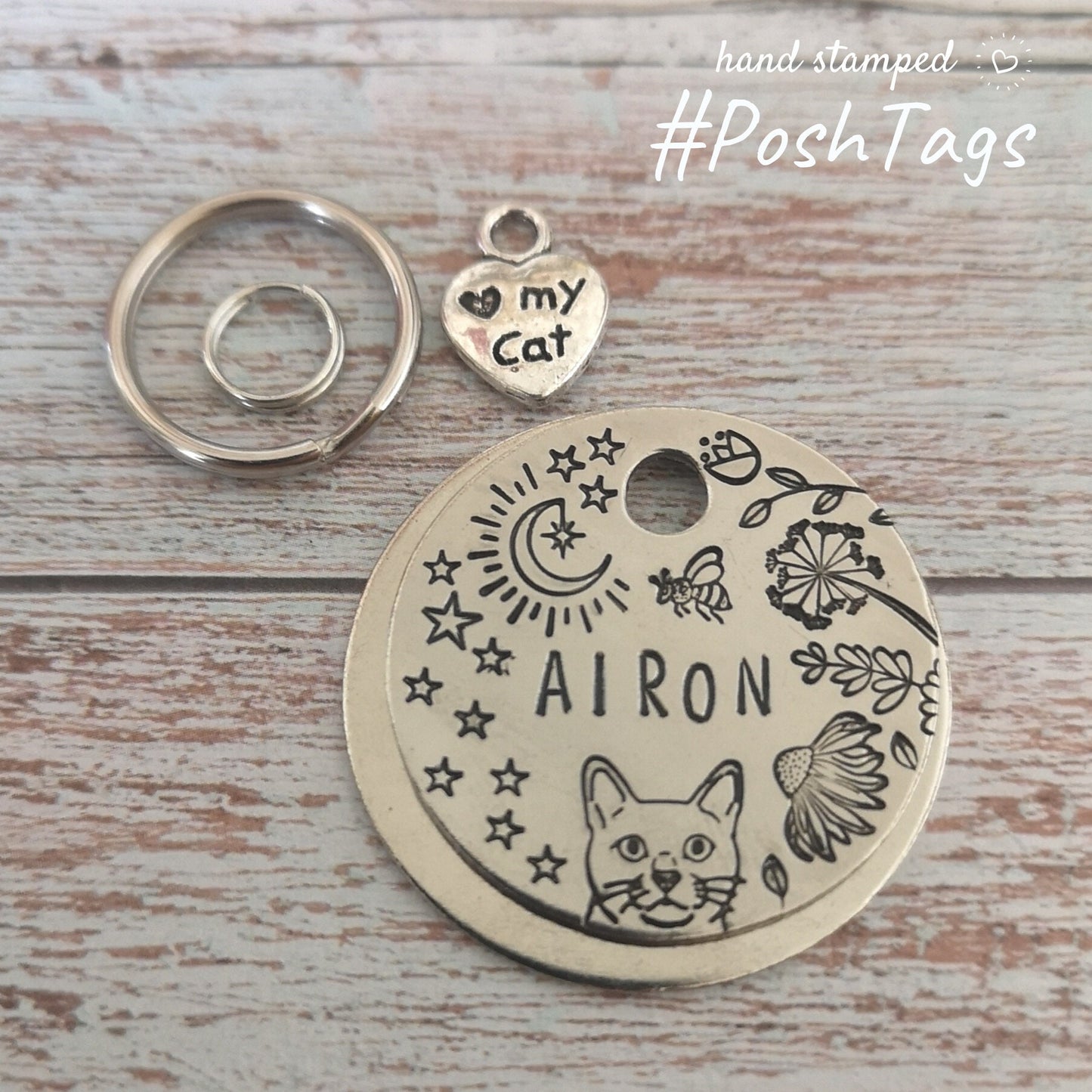Cat tag - wildflowers and stars - bee moon - small medium kitten pet hand stamped #PoshTags Collar Christmas Gift Idea