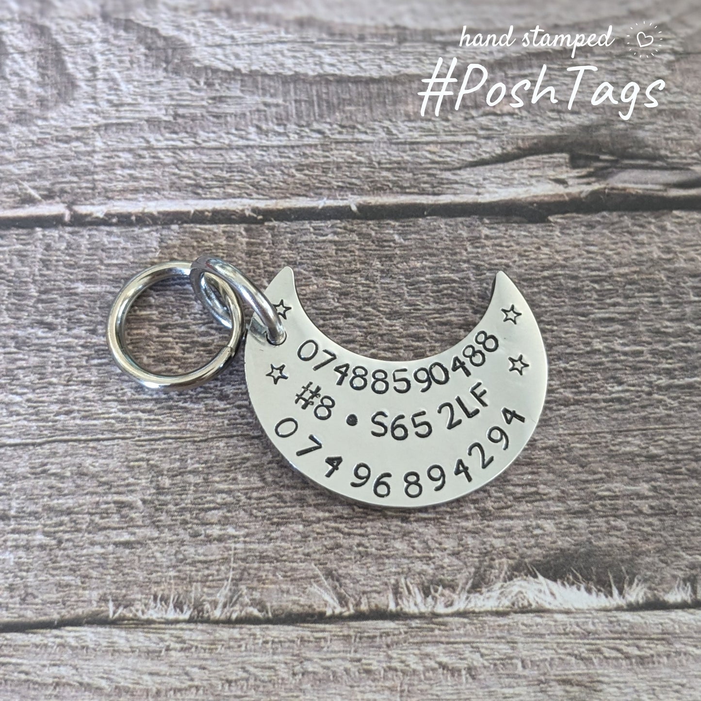 Moon shaped gold or silver stainless steel tag - stars (or any custom design) - pet cat puppy dog ID collar tag
