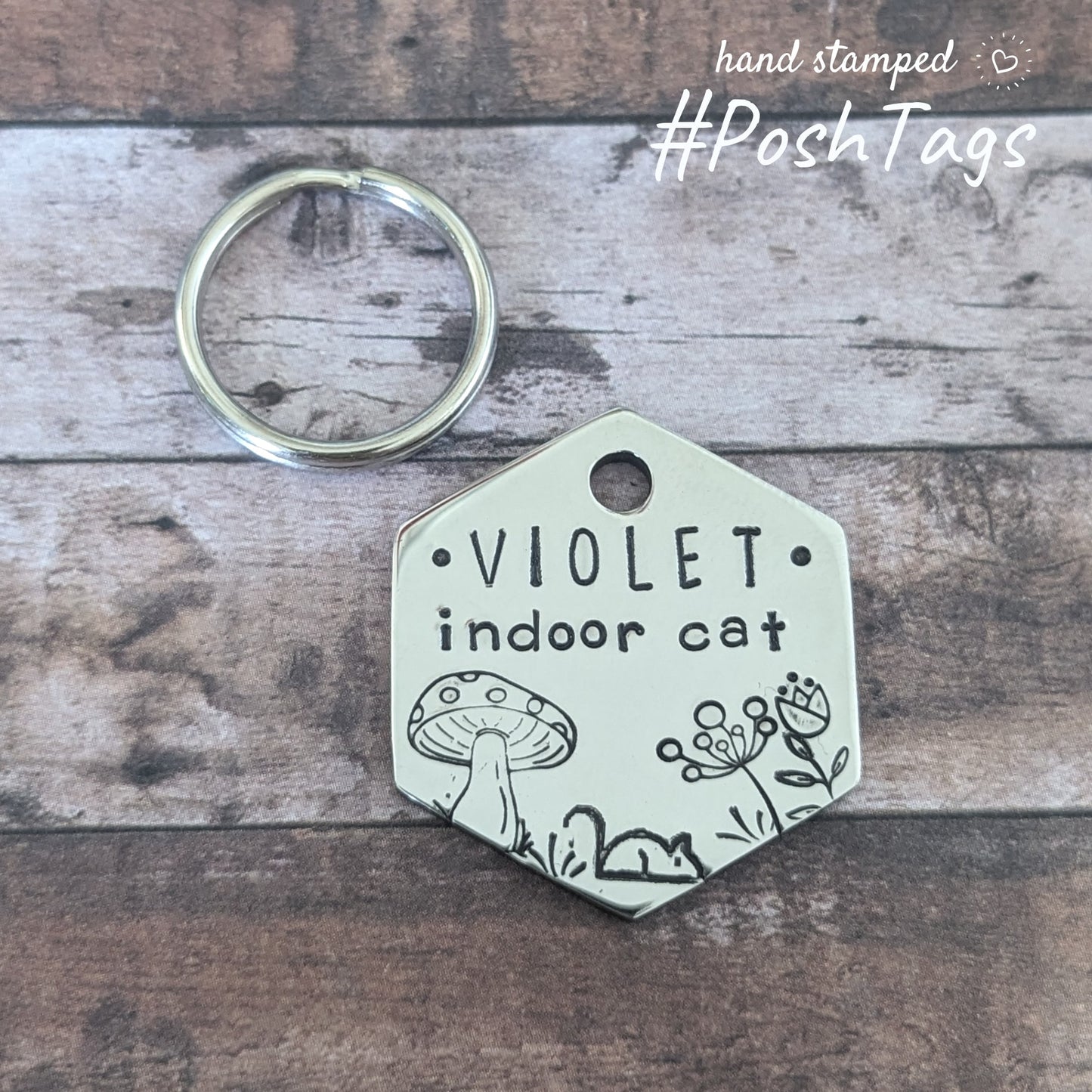 Hexagon hexagonal stainless steel double sided tag - Indoor Cat - pet cat kitten ID collar tag