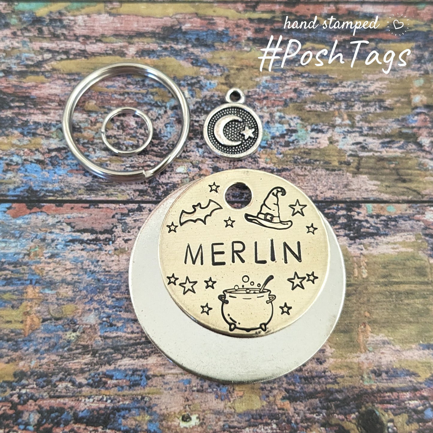 Spooky cauldron - Merlin witch wizard hat bats Halloween stars magic cute - pet cat dog ID collar tag #PoshTags