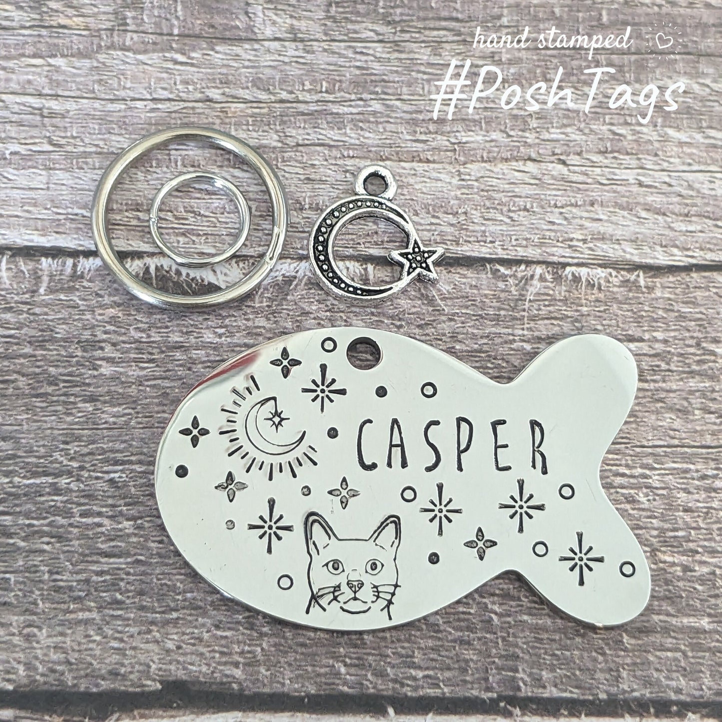 Cat tag fish shape ANY DESIGN stainless steel single disc - plant leaves monstera - cat ID tag #PoshTags Collar Christmas Gift Idea