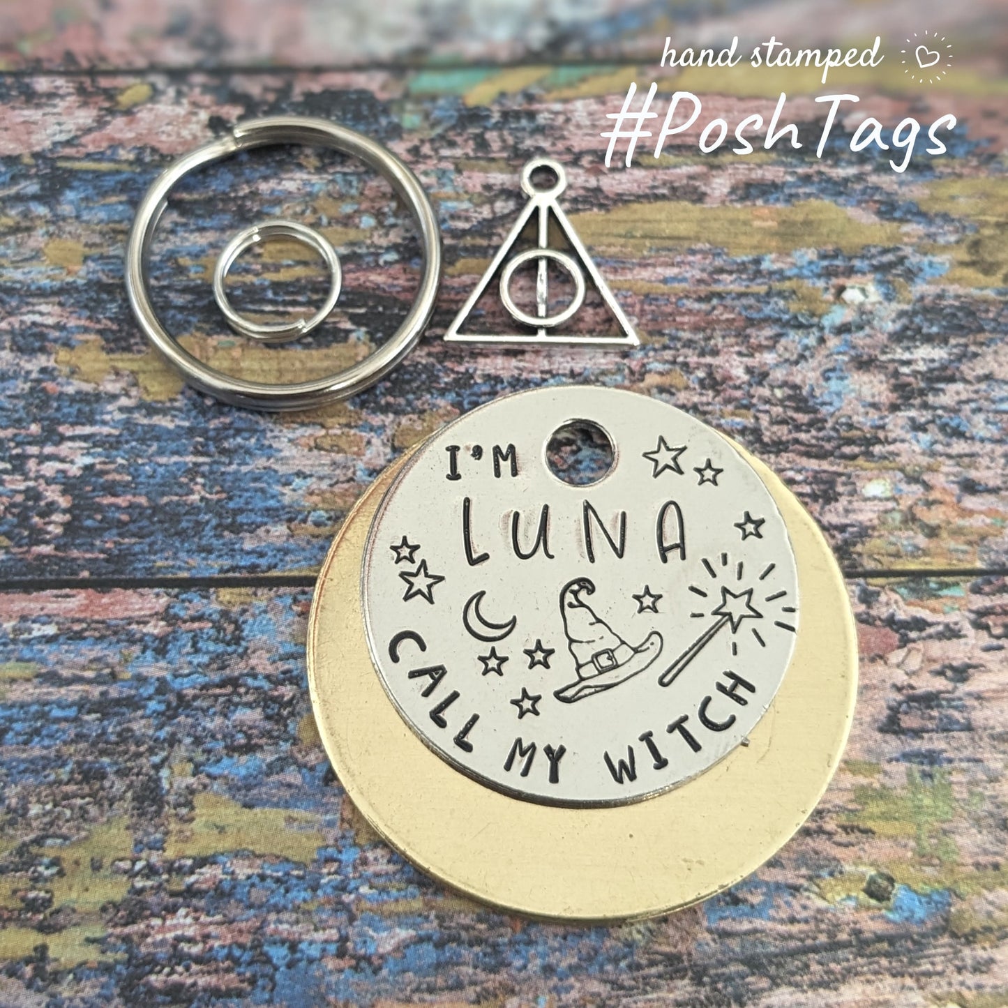 Luna (any name) call my witch wizard - magic hat spells stars wand - cat dog puppy kitten pet tag ID #PoshTags Collar Christmas Gift Ide
