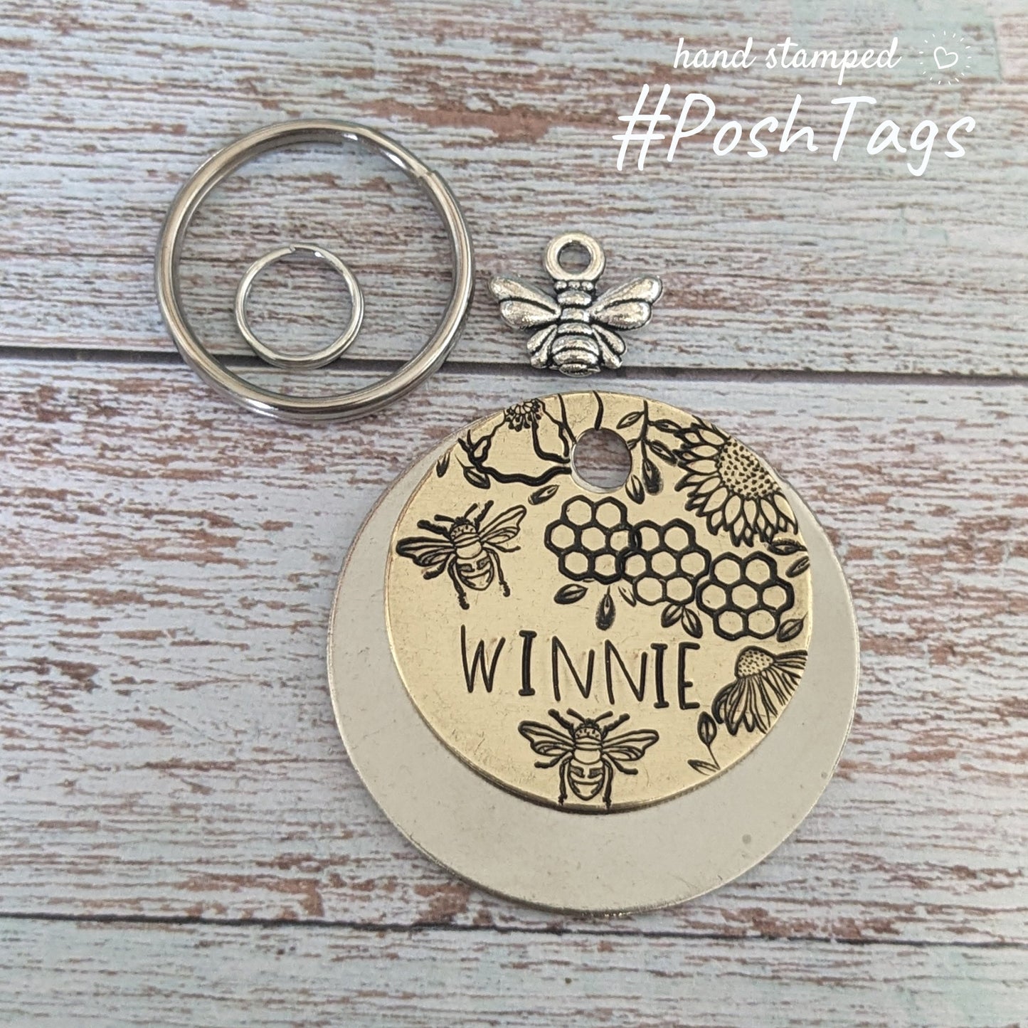 Bee and honey comb - wildflowers sunflower- Winnie (or your pet name or "chipped") - pet cat dog ID collar tag