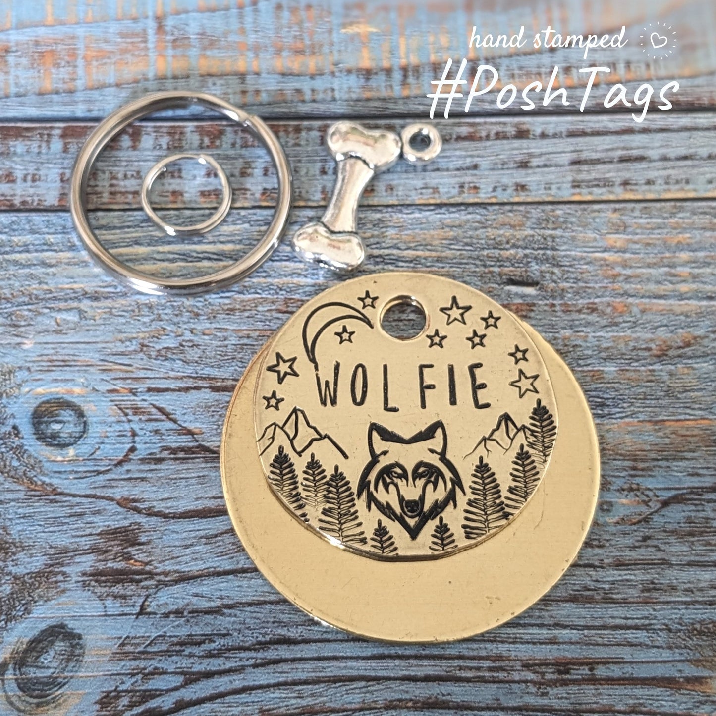 Wolfie (any name) wolf moon wild hound mountains nature alpha - choice of colours dog puppy pet tag ID #PoshTags Collar Christmas Gift Idea