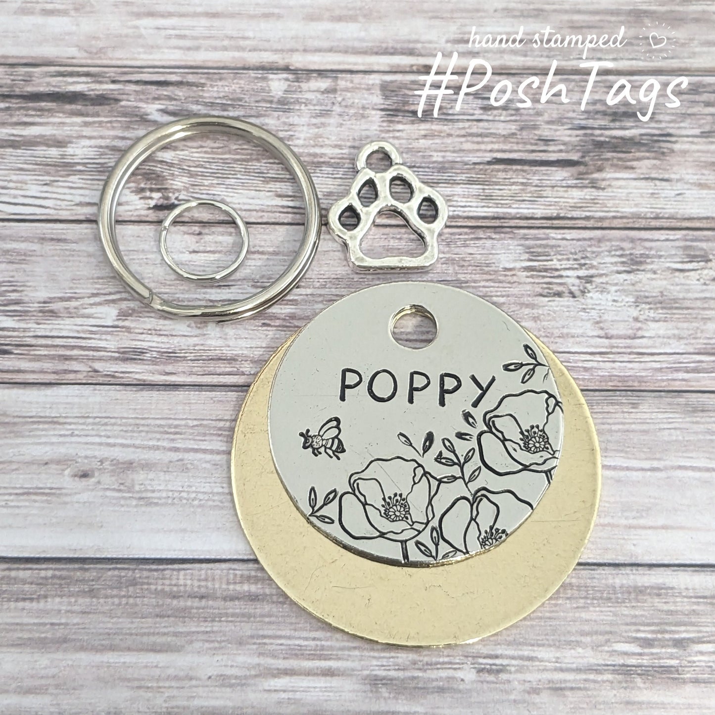 Poppy flower and leaves - bee charm - cat dog pet tag ID #PoshTags Collar Christmas Gift Idea