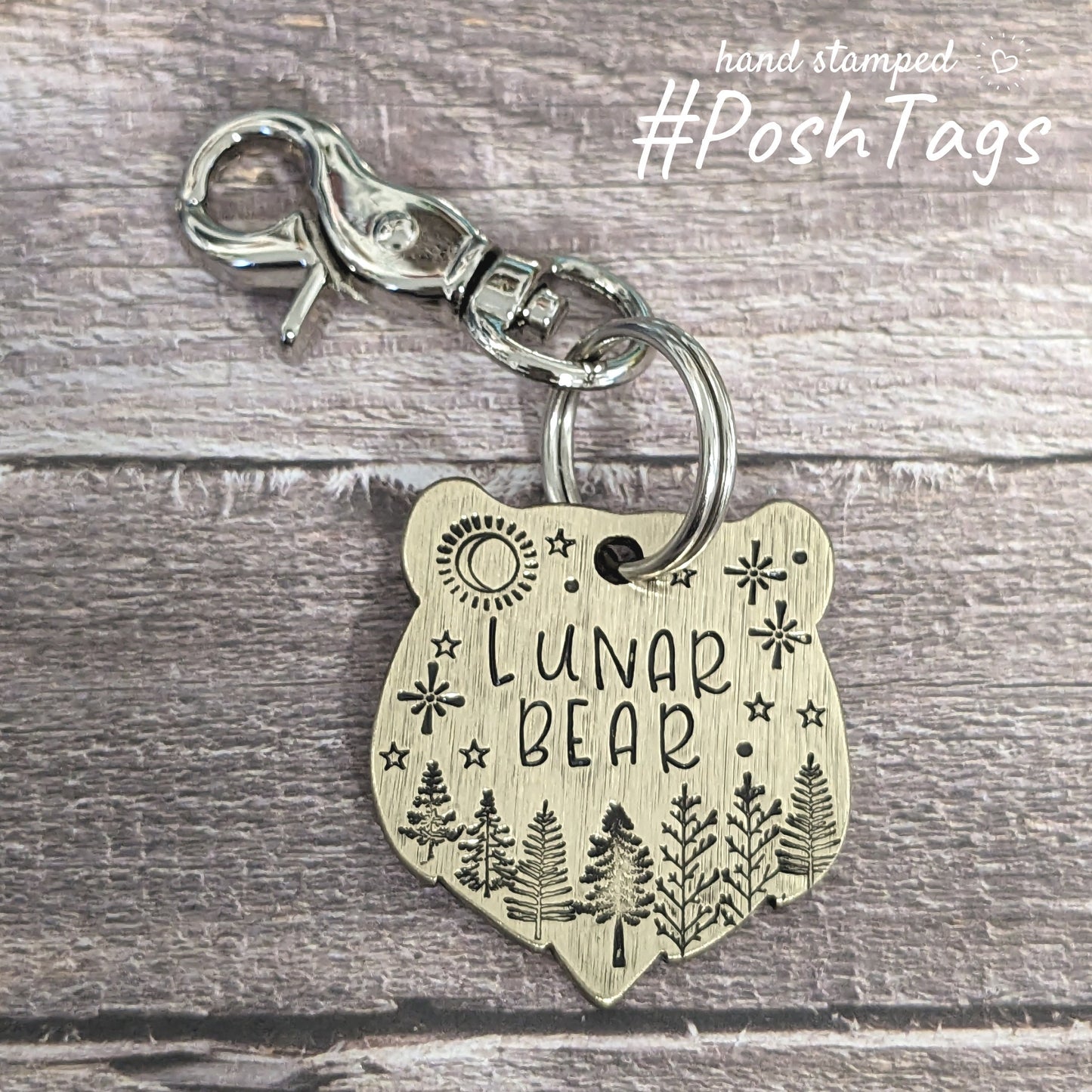 Bear shape brushed brass double sided chunky - ANY DESIGN - hand stamped pet dog ID tag #PoshTags Collar Christmas Gift Idea