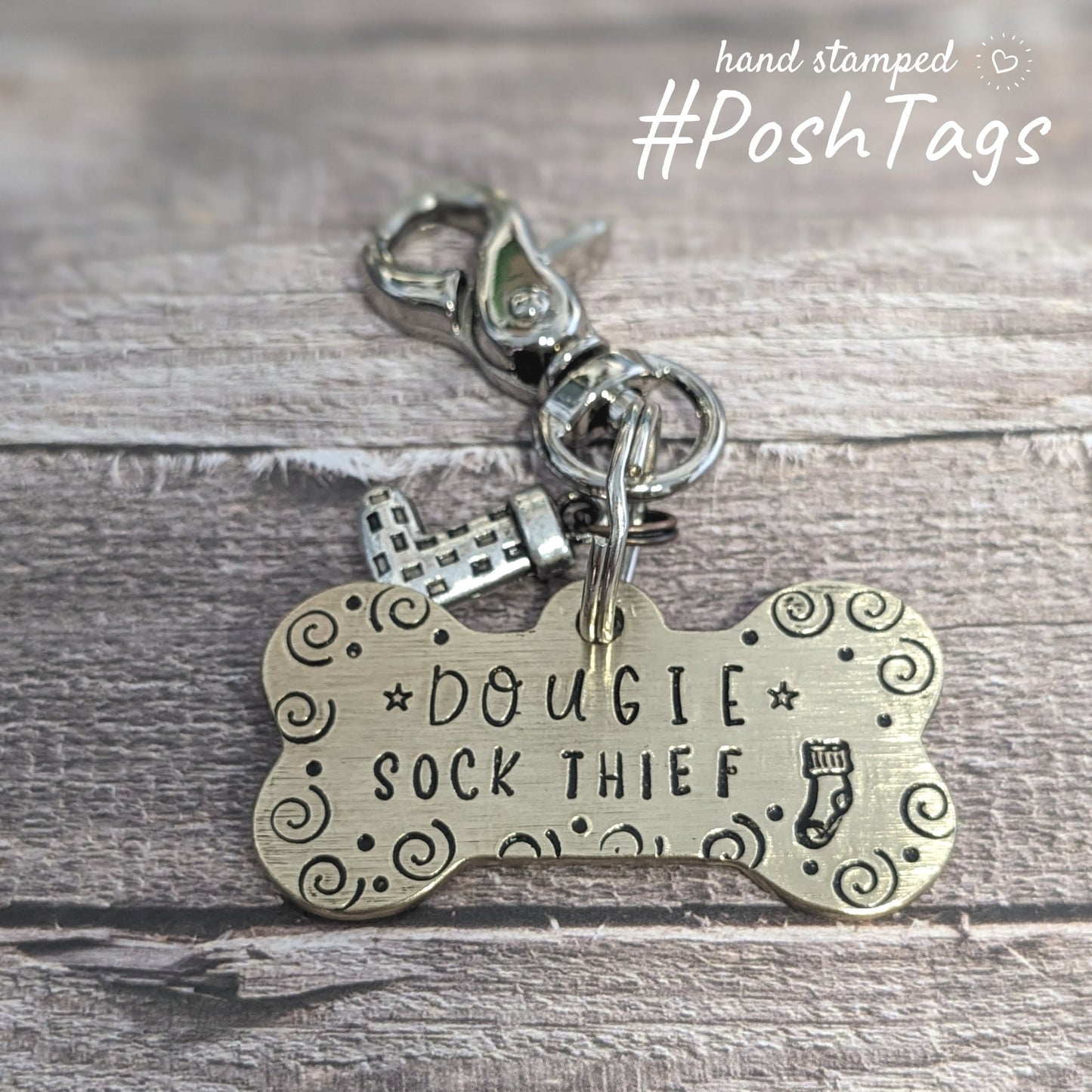 Brushed brass bone - double sided ANY DESIGN can be added - Sock Thief - pet dog ID collar tag