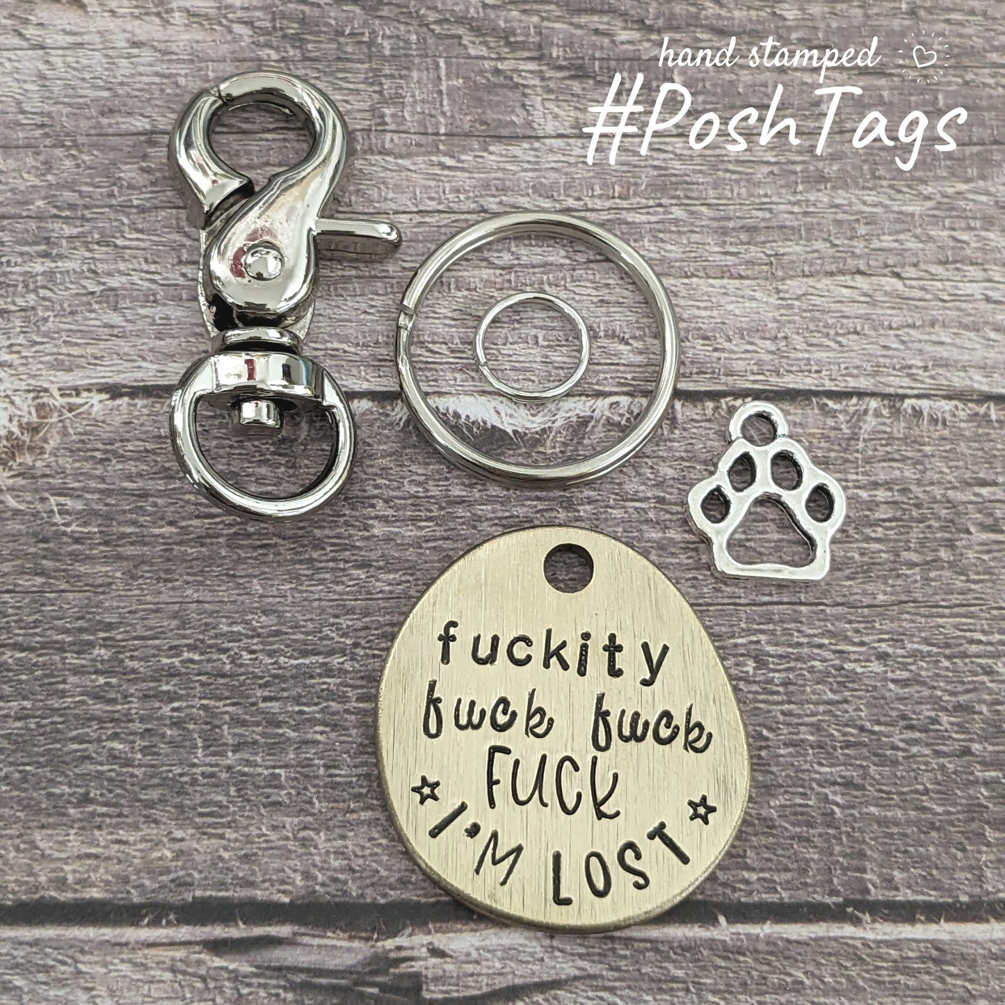 Irregular circle brushed brass double sided - ANY DESIGN - Fuckity fuck hand stamped pet dog ID tag #PoshTags Collar Christmas Gift Idea