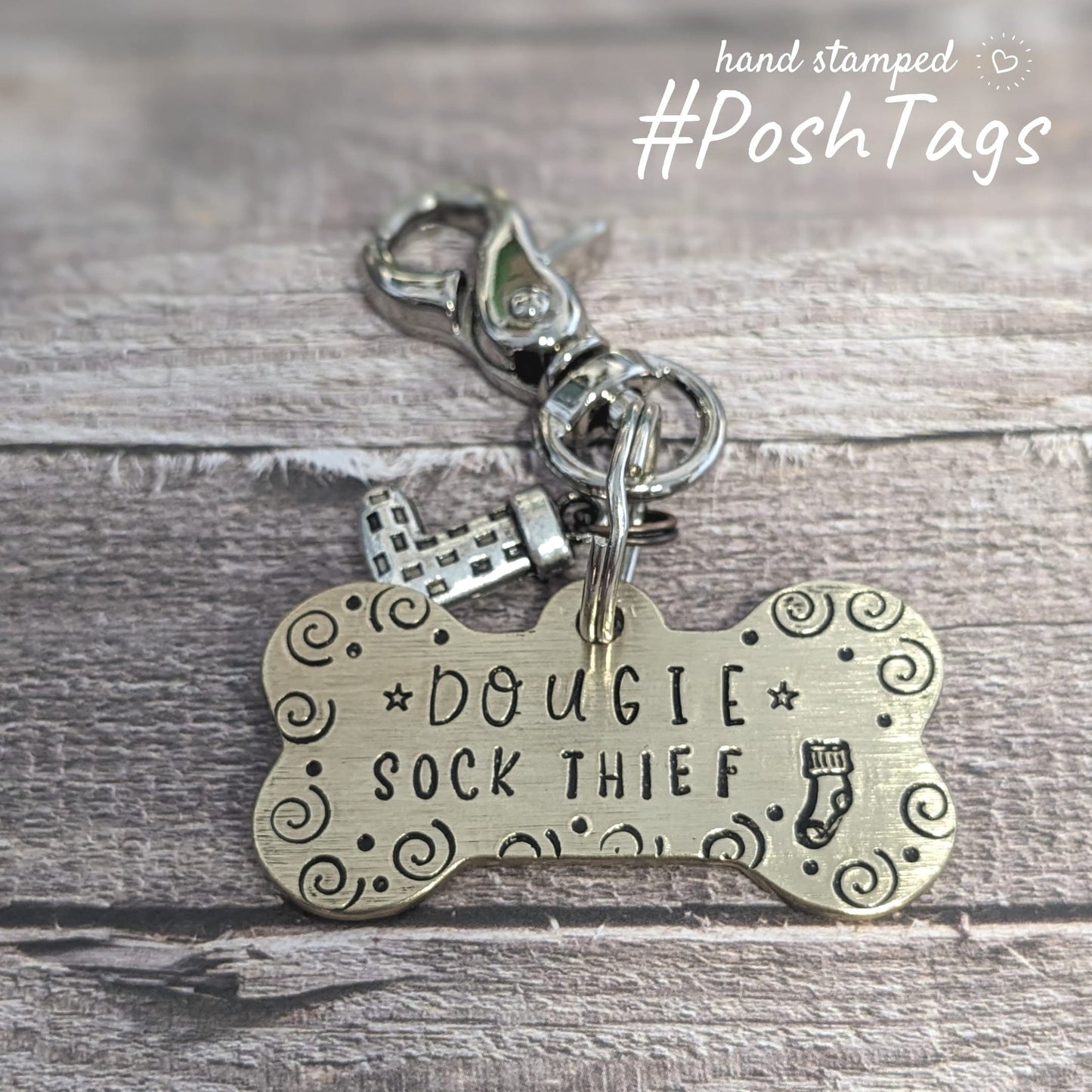 Bee hive & flowers - Brushed brass double sided bone - ANY DESIGN - hand stamped pet dog ID tag #PoshTags Collar Christmas Gift Idea