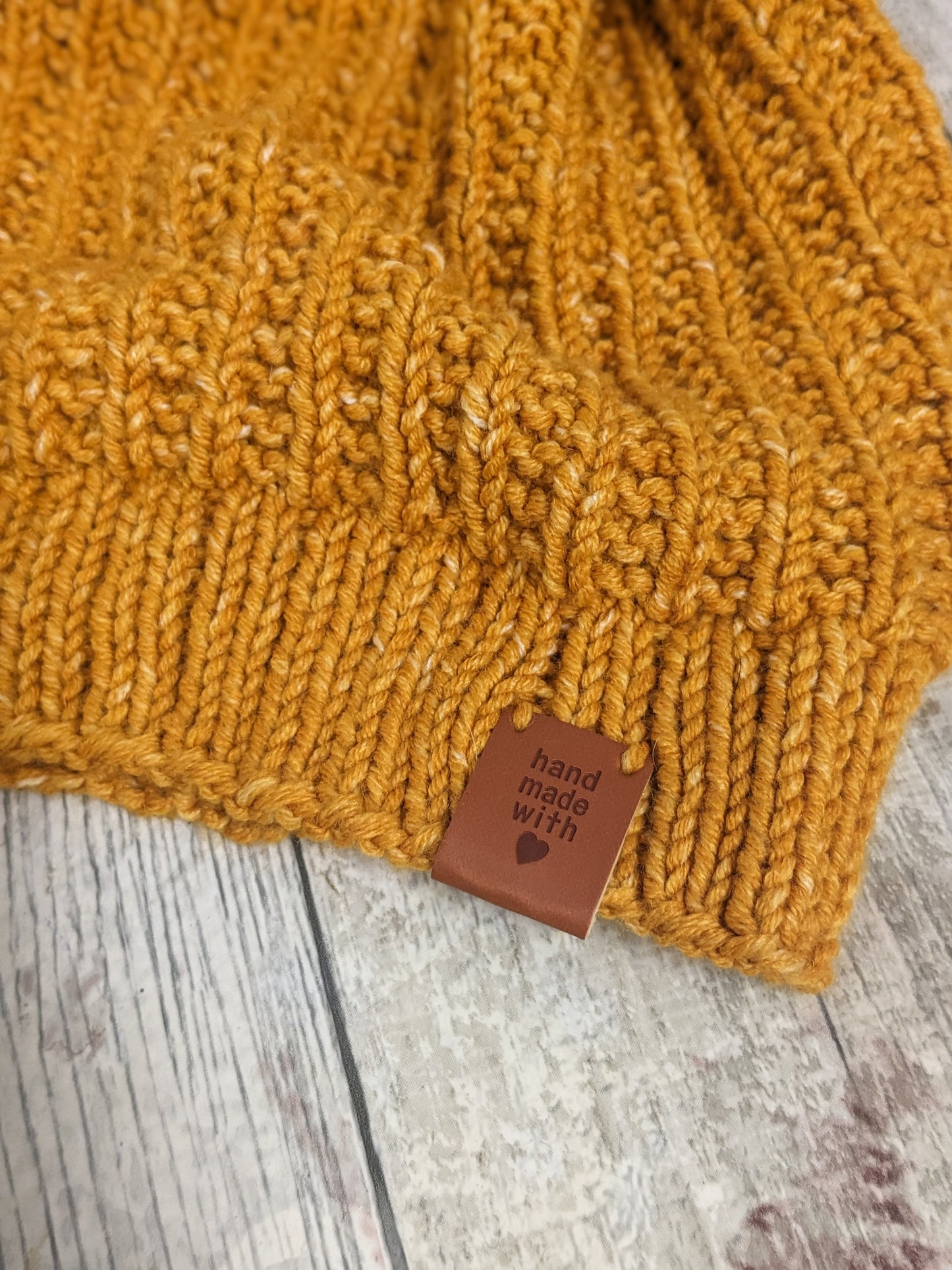 Hand knitted with love mustard ochre yellow fleck funky unique ribbed texture beanie bobble faux fur pompom hat #Posh