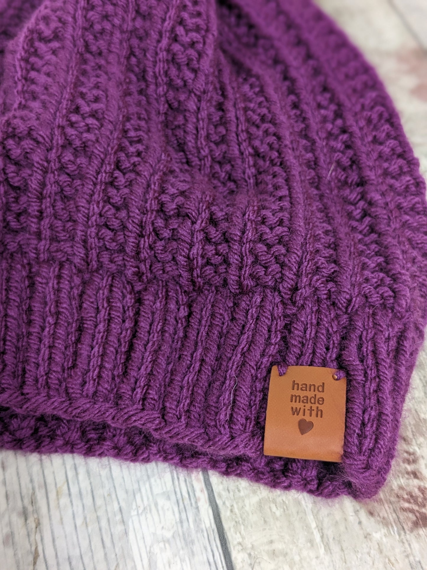 Hand knitted with love Raspberry red ribbed texture beanie bobble faux fur pompom hat #PoshTags
