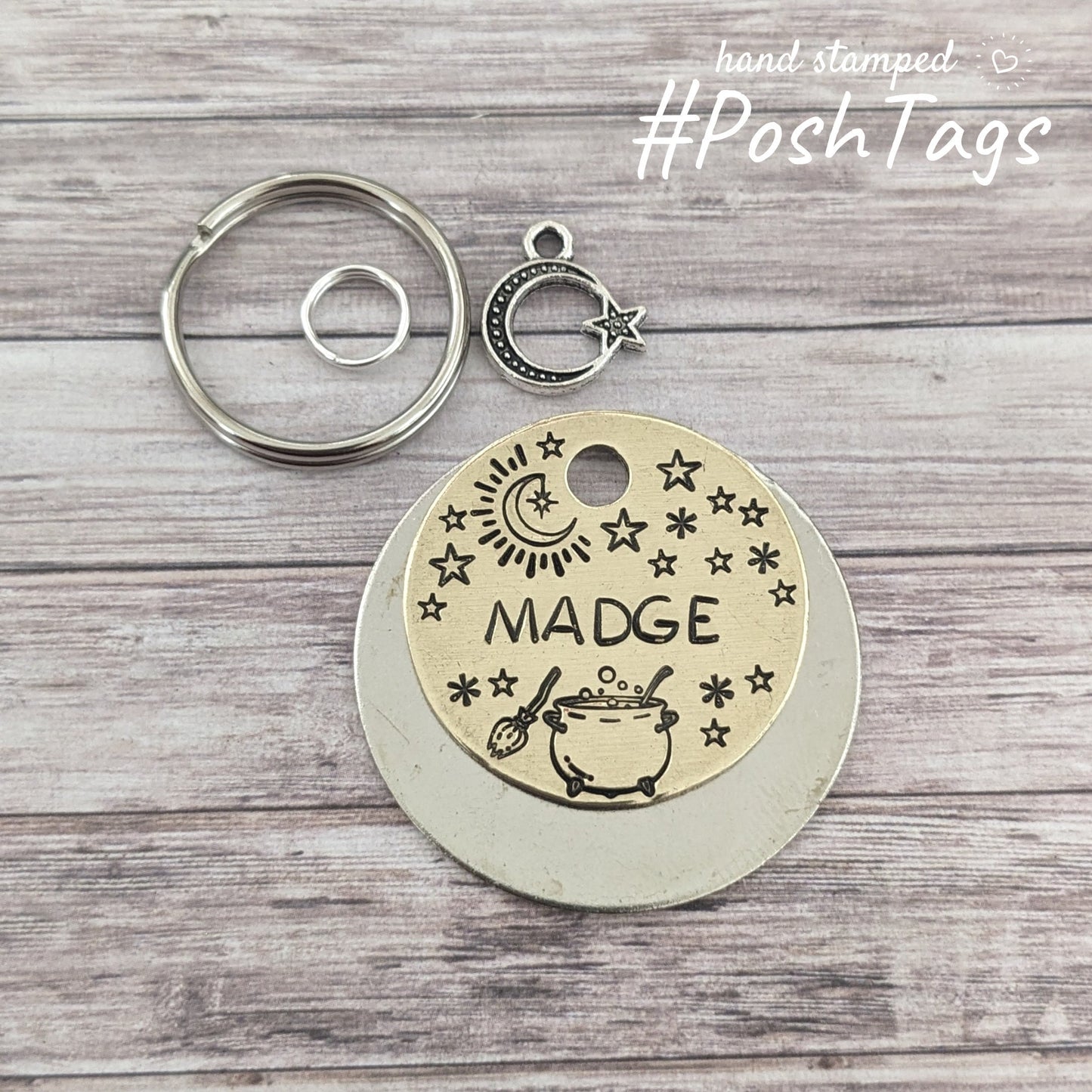 Witch magic cauldron - witch wizard stars broomstick moon magic cute - pet cat dog ID collar tag #PoshTags