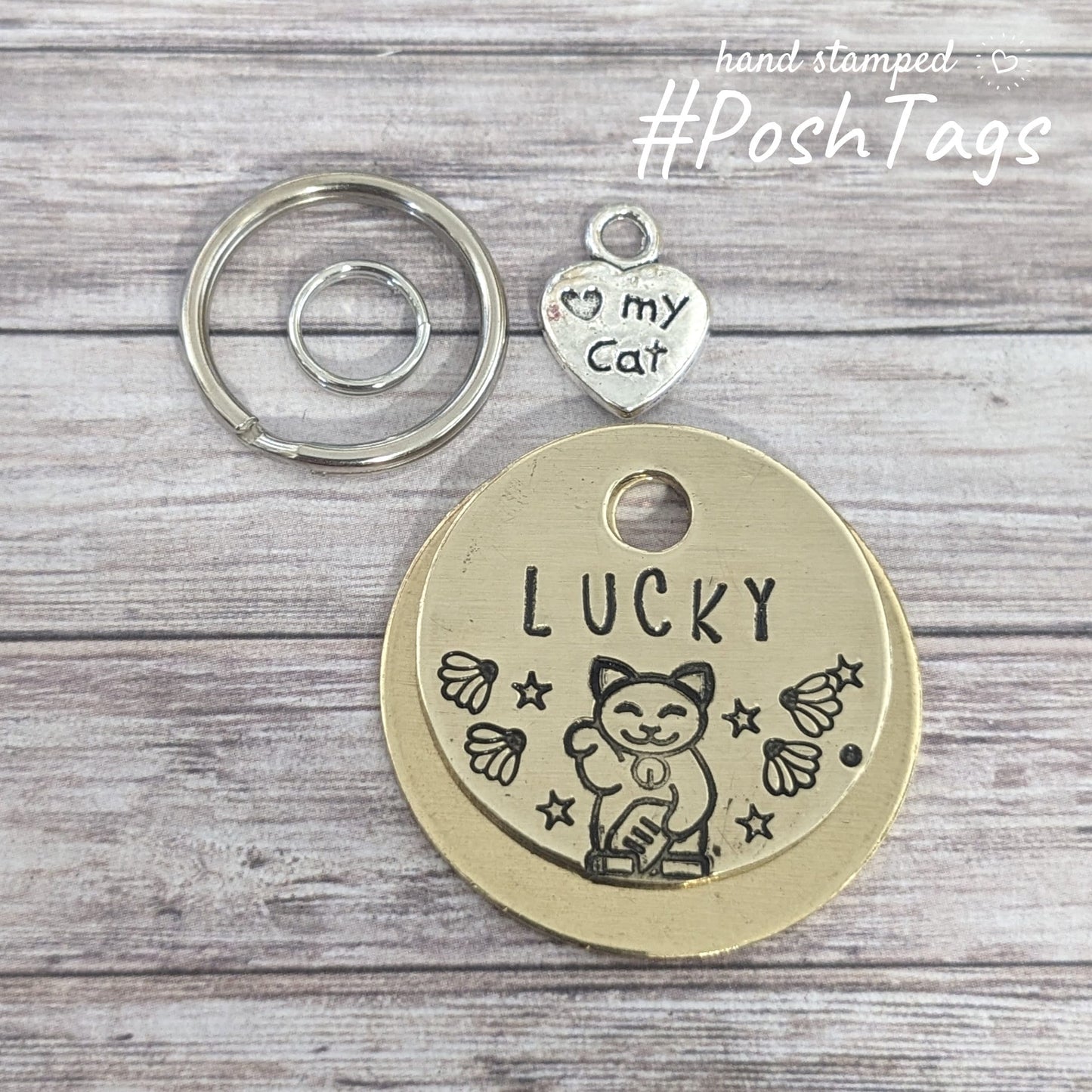 Any name added - lucky waving cat - cat kitten pet hand stamped #PoshTags Collar Christmas Gift