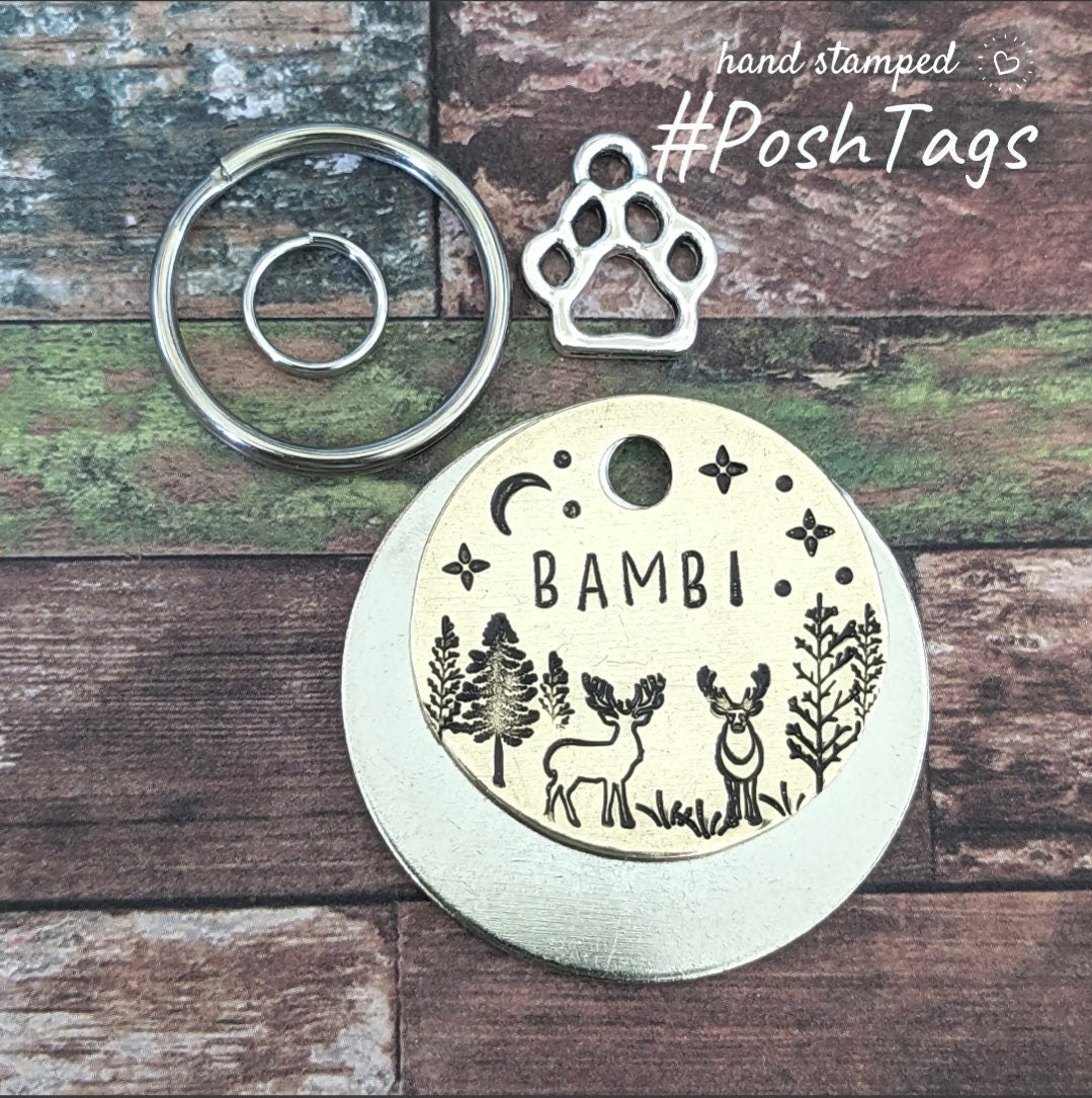 Deer in the forest - woodland animals - any name - dog pet tag ID #PoshTags Collar Christmas Gift Idea