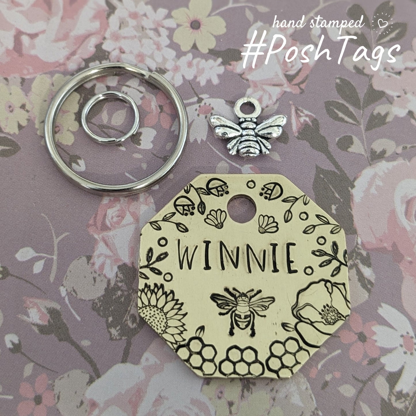 Bee, honeycomb & wildflowers - double sided - Winnie - pet cat dog ID tag #PoshTags Collar Christmas Gift Idea
