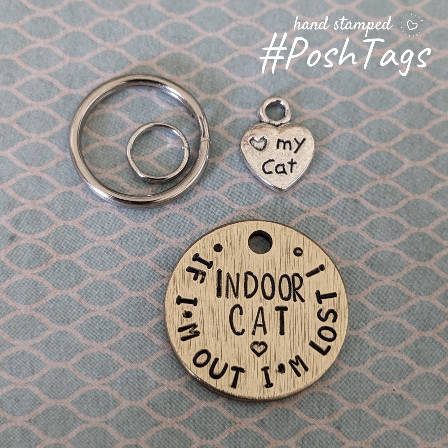Indoor Cat - SMALL TINY kitten brushed brass double sided - Any Wording - hand stamped pet dog ID tag #PoshTags Collar Christmas Gift Idea