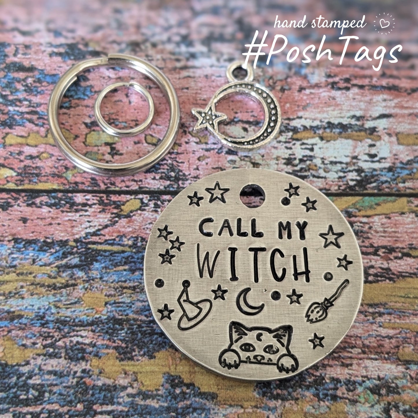 Call my Witch - Magic Cat Face - familiar spell - double sided aluminium silver - cat kitten pet hand stamped #PoshTags Collar Christmas Gif