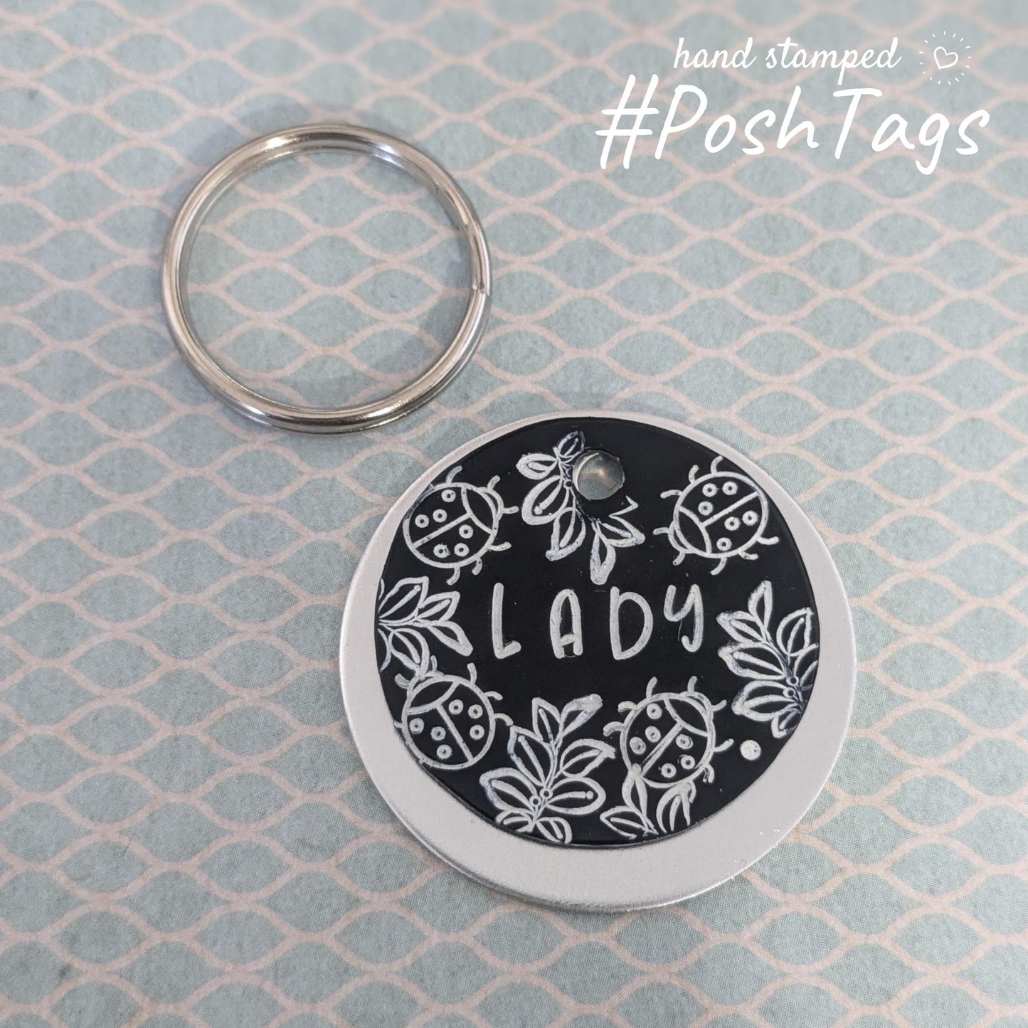 Ladybird ladybug leaves floral - pink black silver - pet cat dog ID collar tag