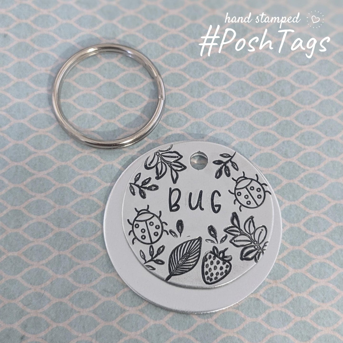 Bug (any name)Ladybird ladybug strawberry and leaves floral - pink black silver - pet cat dog ID collar tag