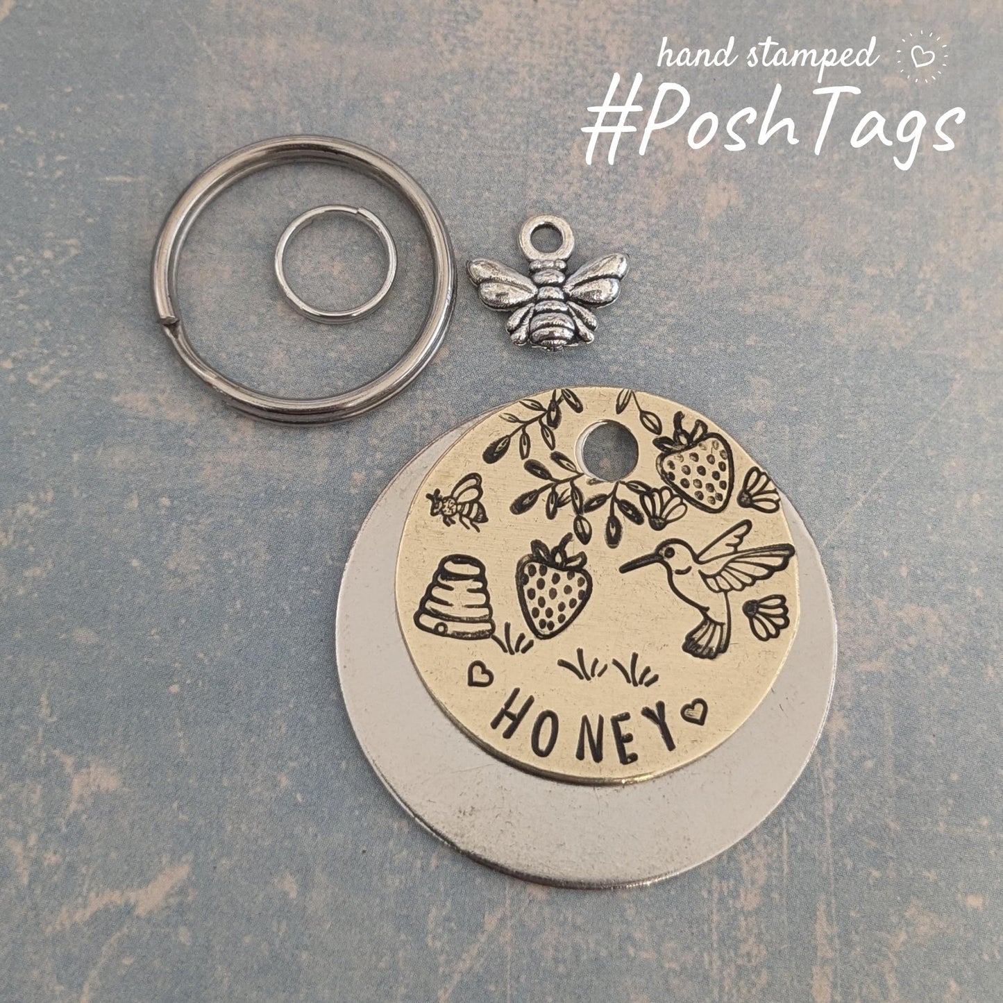 Honey, hummingbird, strawberries, Bumble Bee, hive & wildflowers - The Honey Tag - pet cat dog ID tag #PoshTags Collar Christmas Gift Idea