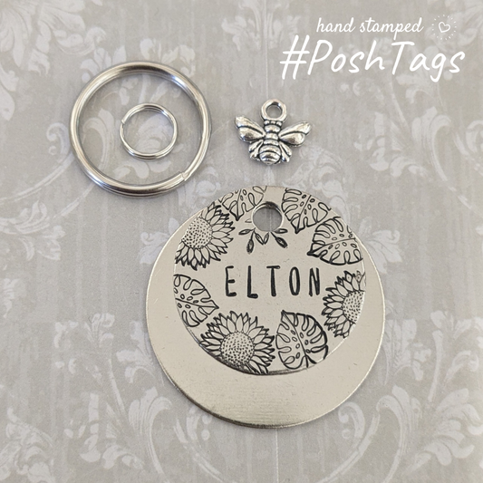 Sunflowers and Monstera Leaves with bee charm - 3 sizes, 4 colour combos - cat dog pet tag ID #PoshTags