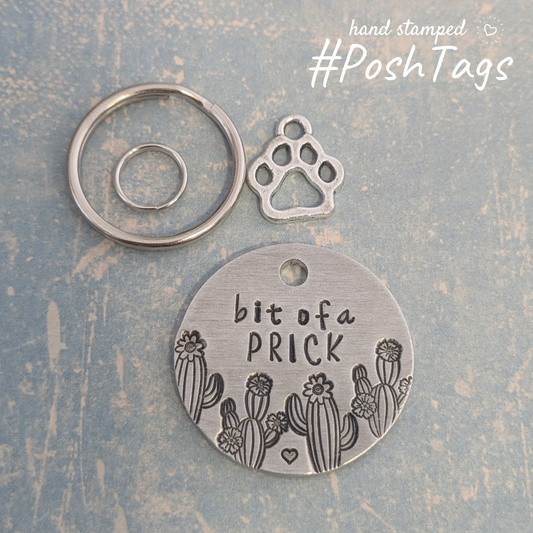 Bit of a Prick - 2 sizes small tags - brushed satin effect stainless - cat dog puppy kitten pet hand stamped #PoshTags Collar tag
