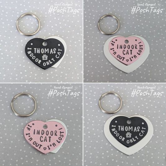 Indoor cat - black pink silver heart shaped tags - pet kitten ID collar tag