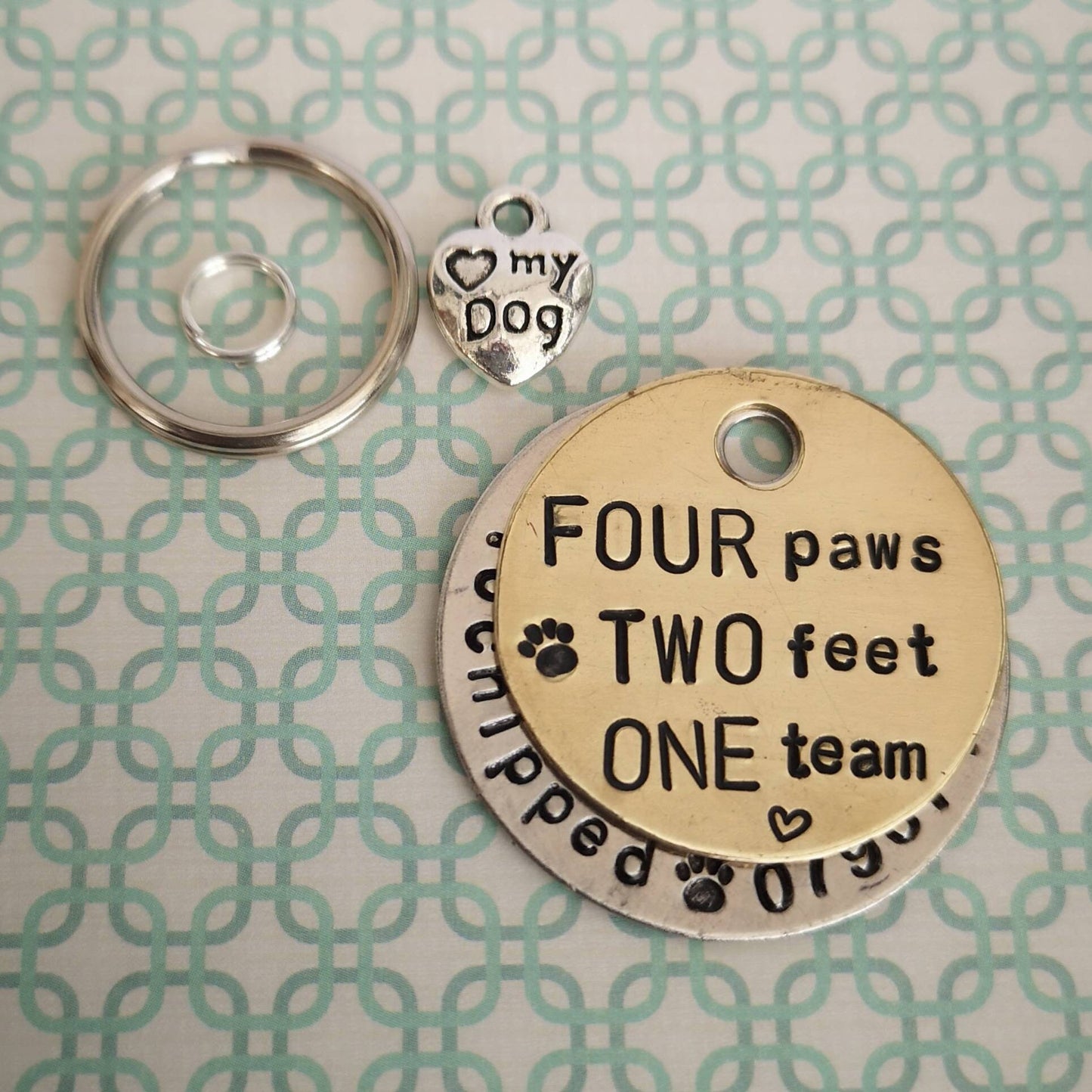 Four paws Two feet One team -  dog show agility course Love My Dog dog pet id tag hand stamped Collar Christmas Gift Idea