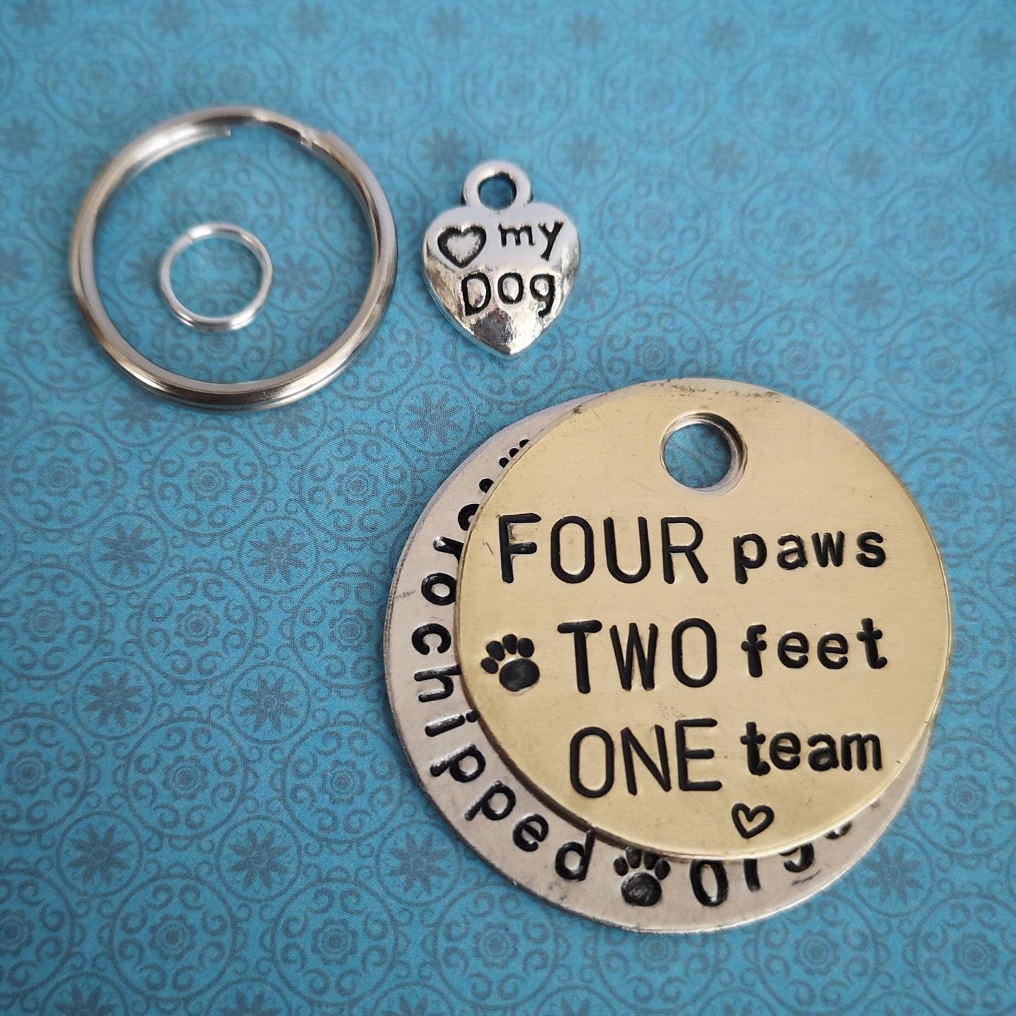Four paws Two feet One team -  dog show agility course Love My Dog dog pet id tag hand stamped Collar Christmas Gift Idea