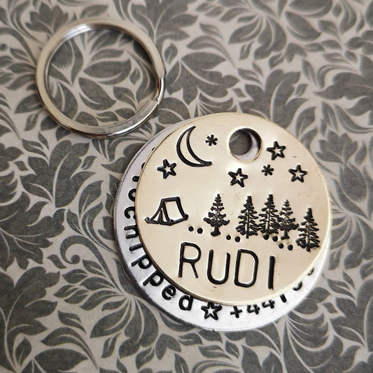 Night time moon stars camping tent forest trees landscape dog tag - hand stamped made to order pet dog ID tag Collar Christmas Gift Idea