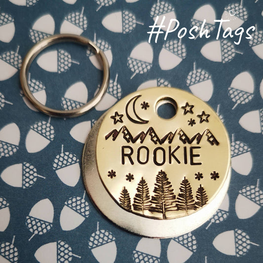 Mountains, trees and night sky... Brass dog cat tag pet tag hand stamped #PoshTags Collar Christmas Gift Idea