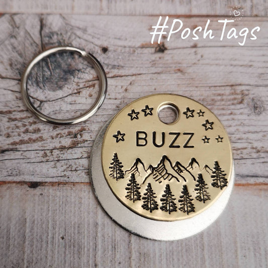 Mountains camping forest trees landscape dog tag night sky stars - hand stamped made to order pet dog ID tag #PoshTags