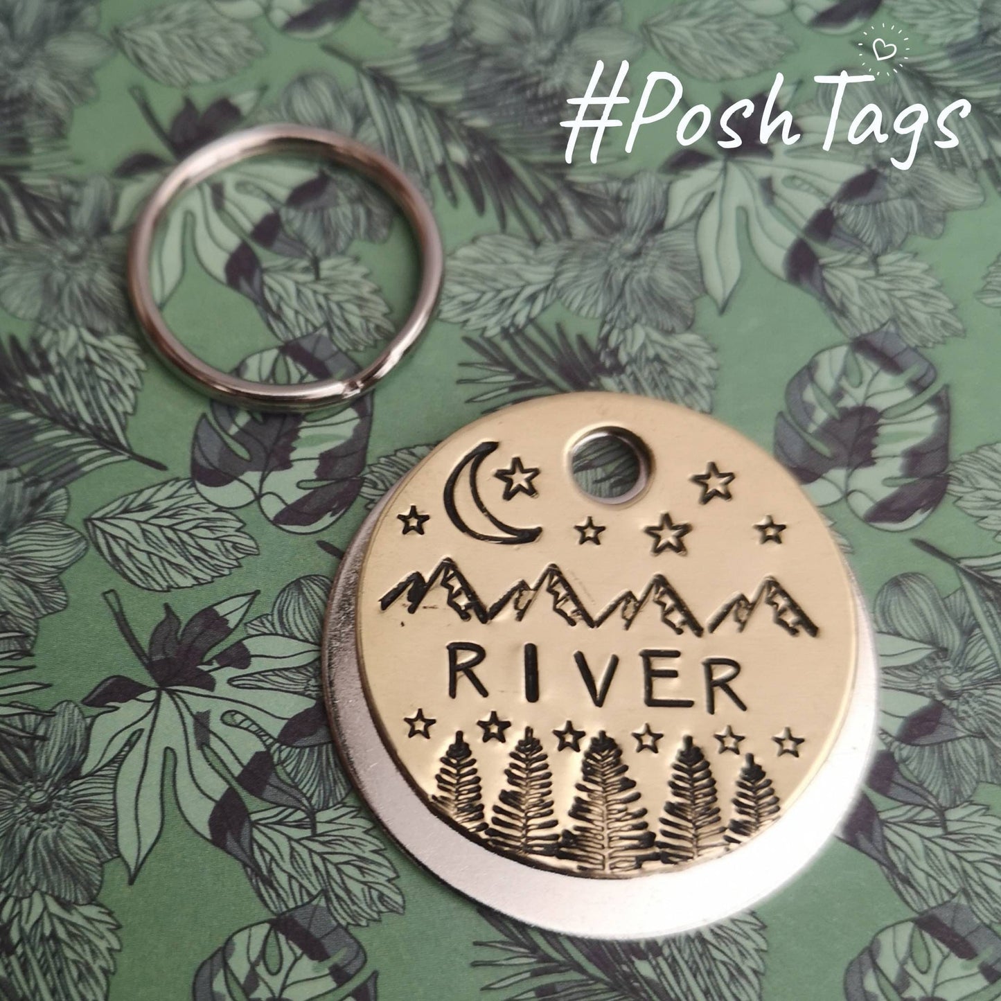 Mountains, trees, moon, stars, night sky... Brass dog cat tag pet tag hand stamped #PoshTags Collar Christmas Gift Idea