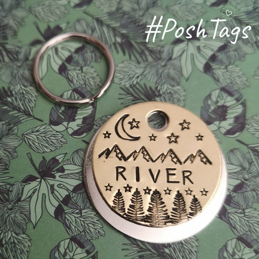 Mountains, trees, moon, stars, night sky... Brass dog cat tag pet tag hand stamped #PoshTags Collar Christmas Gift Idea