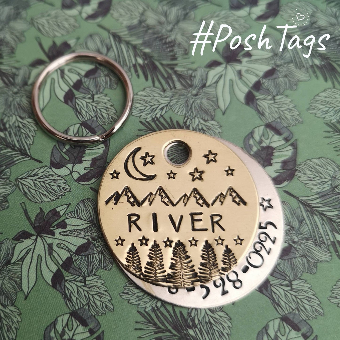 Mountains, trees, moon, stars, night sky... Brass dog cat tag pet tag hand stamped #PoshTags Collar Christmas Gift Idea