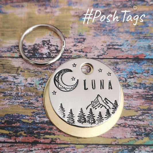 Moon, mountains & trees - landscape dog tag night star sky stars - with or without name - hand stamped pet cat dog ID collar tag #PoshTags