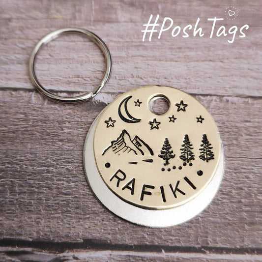 Moon, mountains & trees - landscape dog tag night star sky stars - hand stamped made to order pet dog ID tag #PoshTags