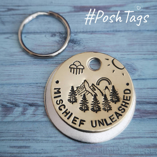 Mischief Unleashed - ANY WORDING - rain clouds rainbow mountains forest trees - pet dog ID tag #PoshTags Collar Christmas Gift Idea