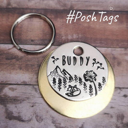 Fox in the flowers - different sizes - dog cat pet id tag hand stamped #PoshTags Collar Christmas Gift Idea