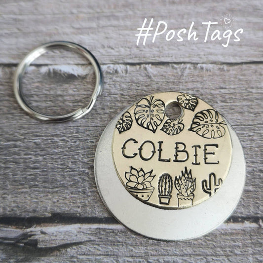 Floral succulents cactus monstera leaves - plant lover - dog cat pet tag hand stamped #PoshTags Collar Christmas Gift Idea