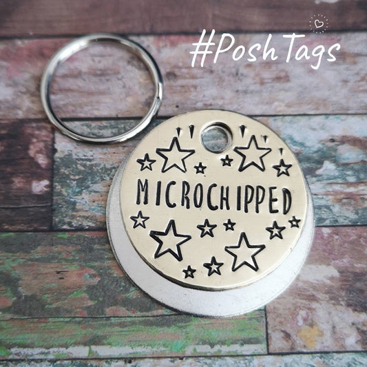 Microchipped (or pet name) - falling stars - dog pet id tag hand stamped #PoshTags Collar Christmas Gift Idea