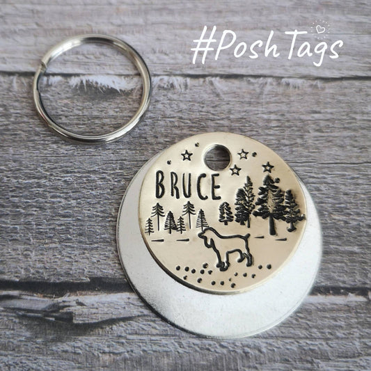 French bulldog Frenchie- pet dog ID tag - 3 sizes - handmade stamped brass trees moon stars - #PoshTags Collar Christmas Gift Idea