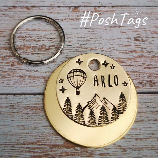 Night time Hot air balloon ride - trees forest - 3 sizes - dog cat tag pet tag hand stamped #PoshTags Collar Christmas Gift Idea