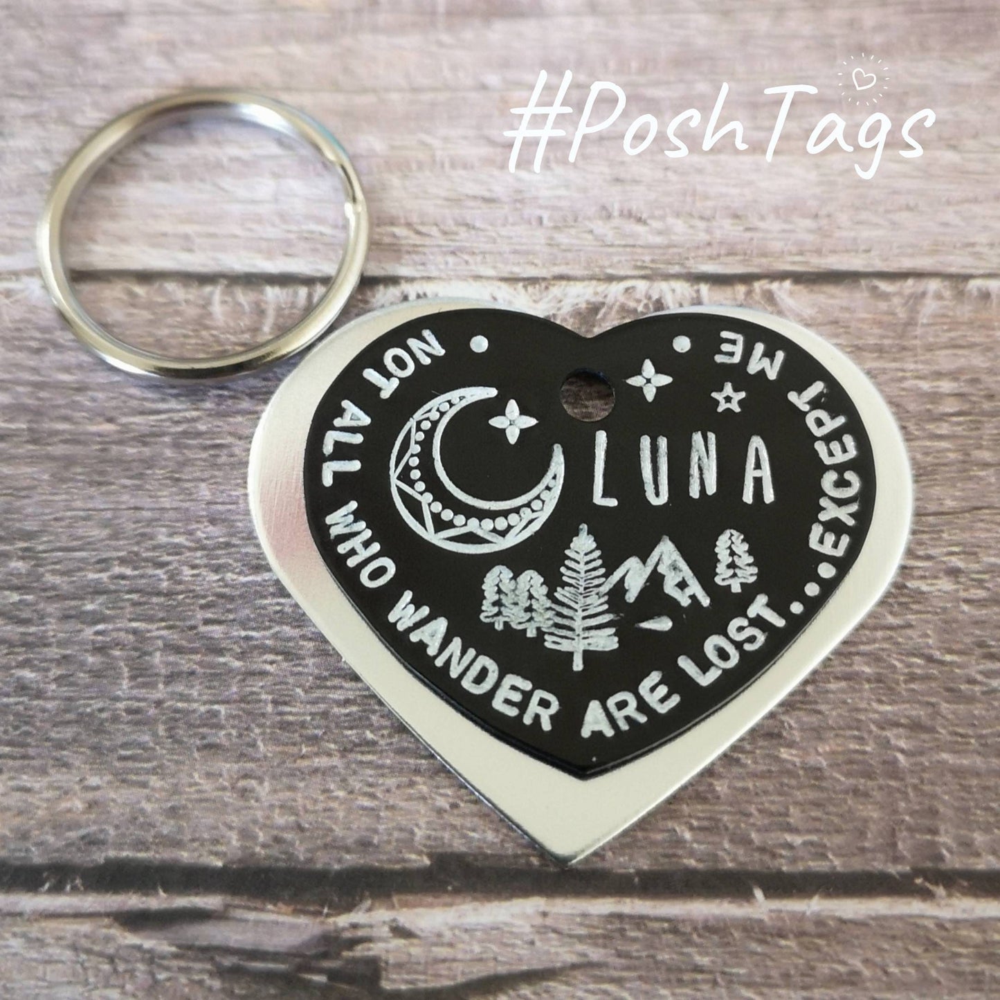 Black heart shaped tags - Not All Who Wander - moon stars trees mountains - super light aluminium dog pet cat ID tag #PoshTags
