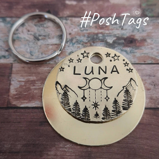Dangle mandala moon and mountains - hand stamped 3 SIZES- pet cat dog ID tag #PoshTags Collar Christmas Gift Idea