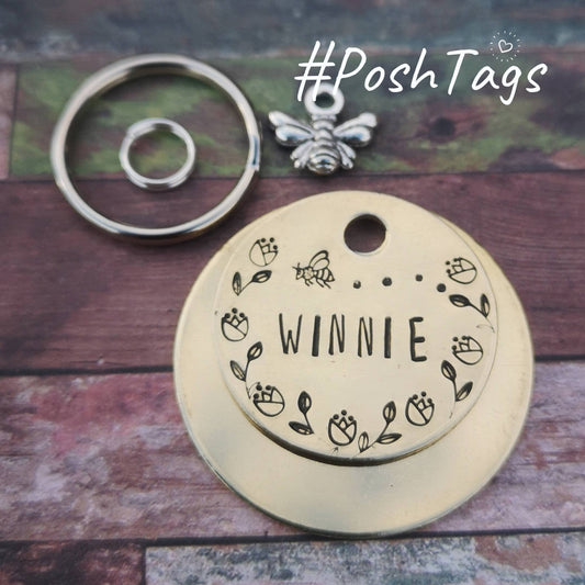 Microchipped - floral leaf border bee - Winnie (or any name) cat dog puppy kitten - any name - 3 sizes - hand stamped #PoshTags
