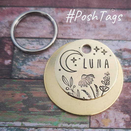 Moon and wildflowers - stars - hand stamped 3 SIZES- pet cat dog ID tag #PoshTags Collar Christmas Gift Idea
