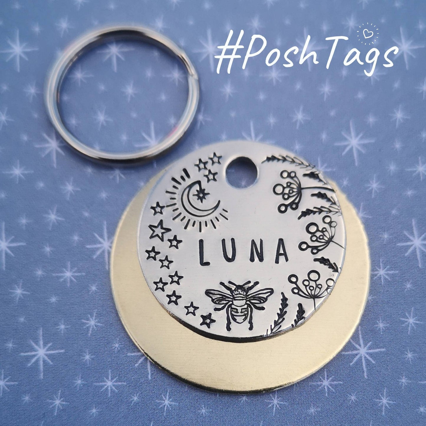 Bee, moon, stars, magic and  wildflowers - any name - pet cat dog ID tag #PoshTags Collar Christmas Gift Idea