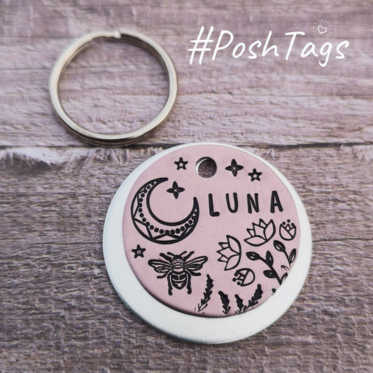 Mandala moon, bee, lotus flowers, wildflowers, stars - pet cat dog ID collar tag