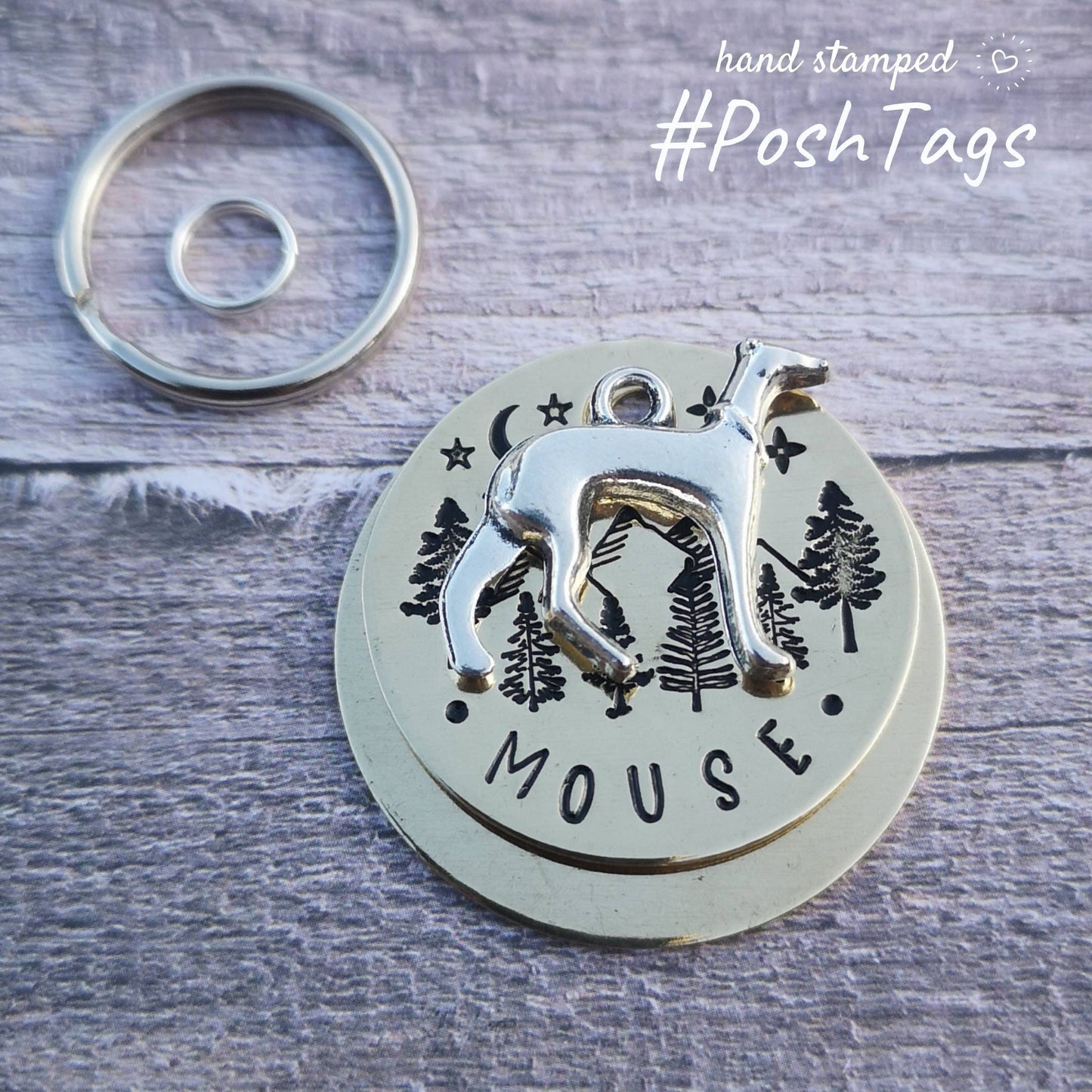 Greyhound lurcher whippet sighthound and nature tree scene, starry sky, moon, paw charm - add your pet name - pet dog ID collar tag
